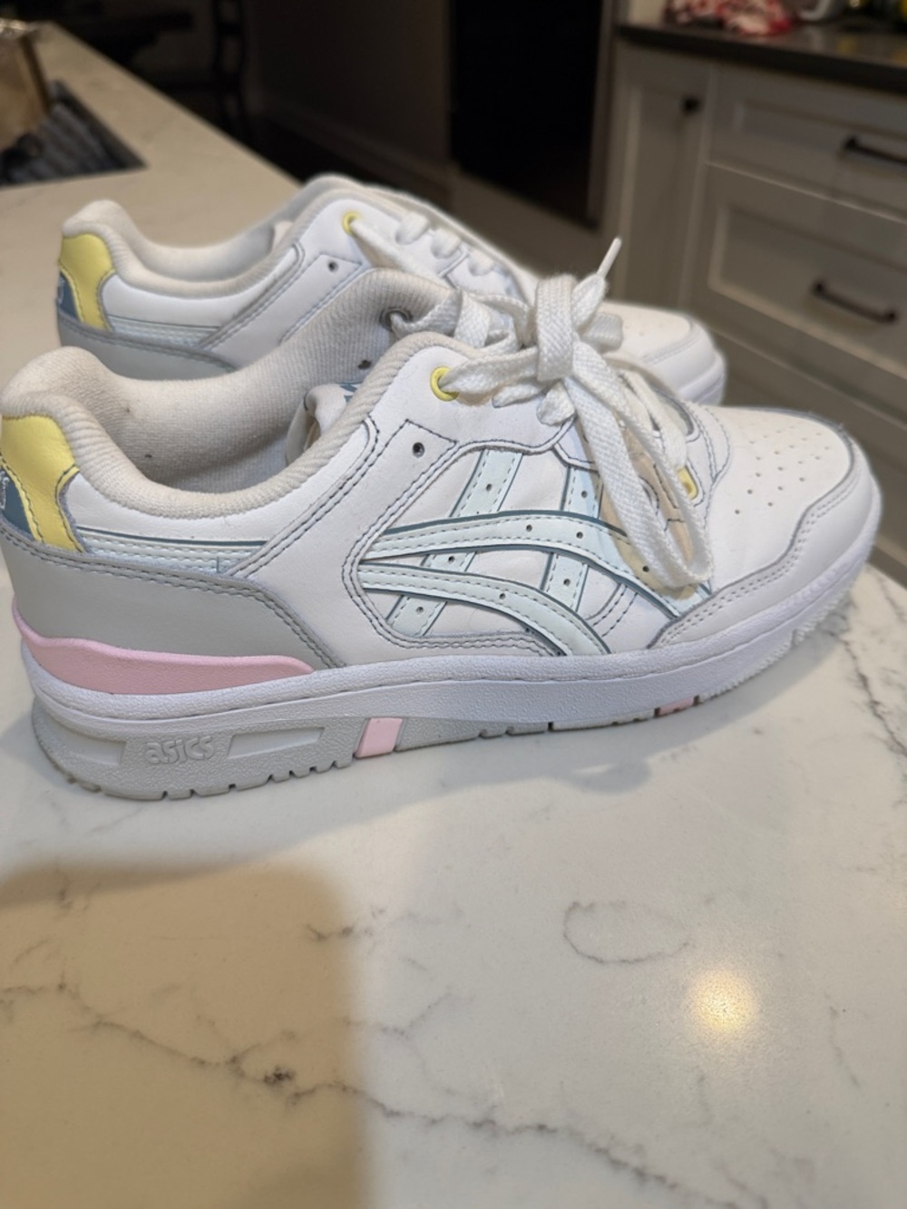 Asics White Sneakers with Pastel Pink, Yellow & Light Blue Accents